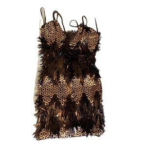 Banjul Black Gold Sequin Fringe V Neck Spaghetti Strap Mini Dress L Grande
